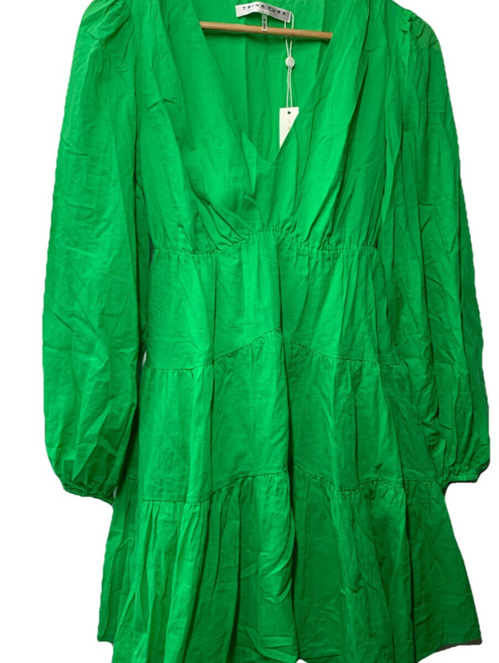 Trina Turk Women A Line Cotton Dress S Green Pull On V-neck Long Balloon Sleeve